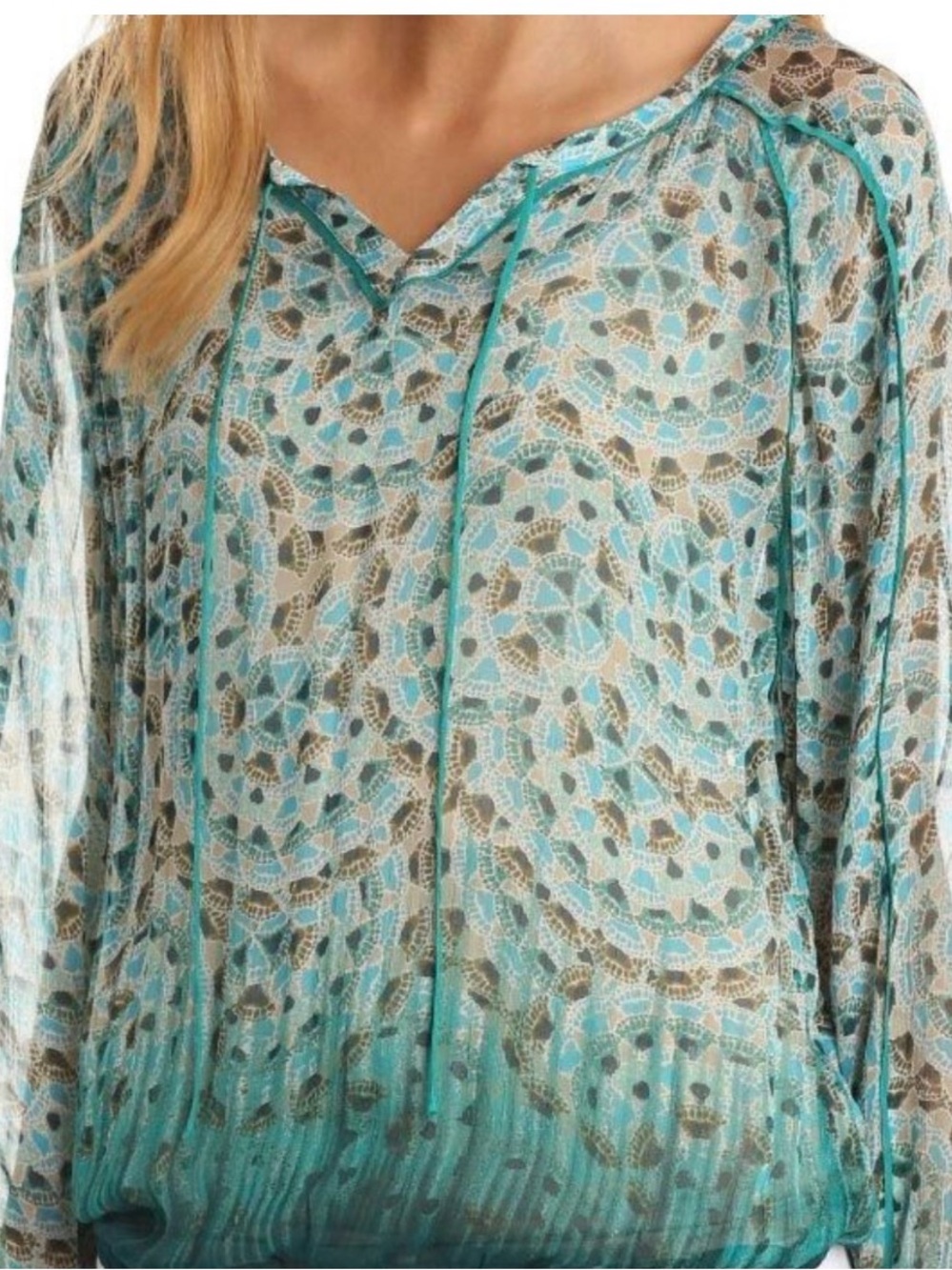 Lucky Brand Turquoise and Tan Sheer Printed blouse